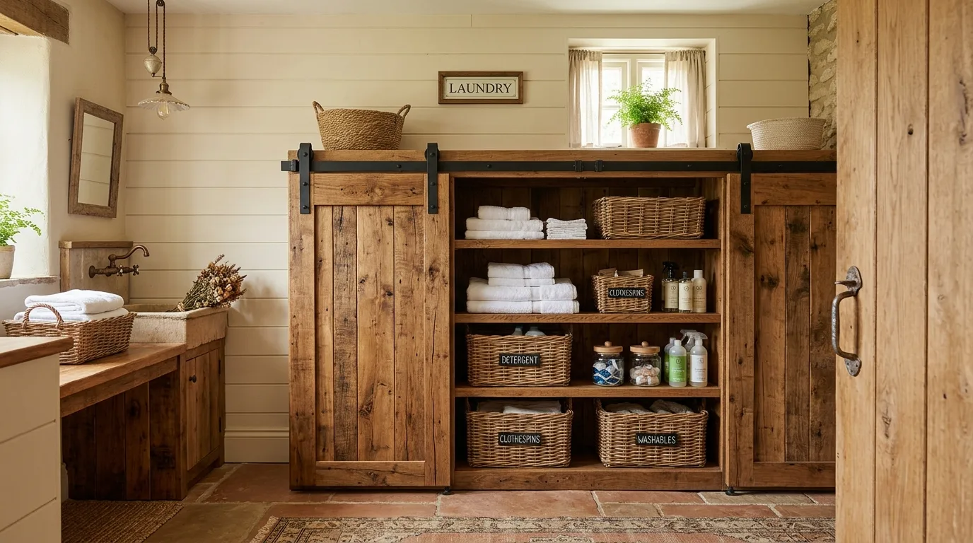 A narrow DIY laundry closet cabinet with bi fold doors concealing a compact utility setup, no people