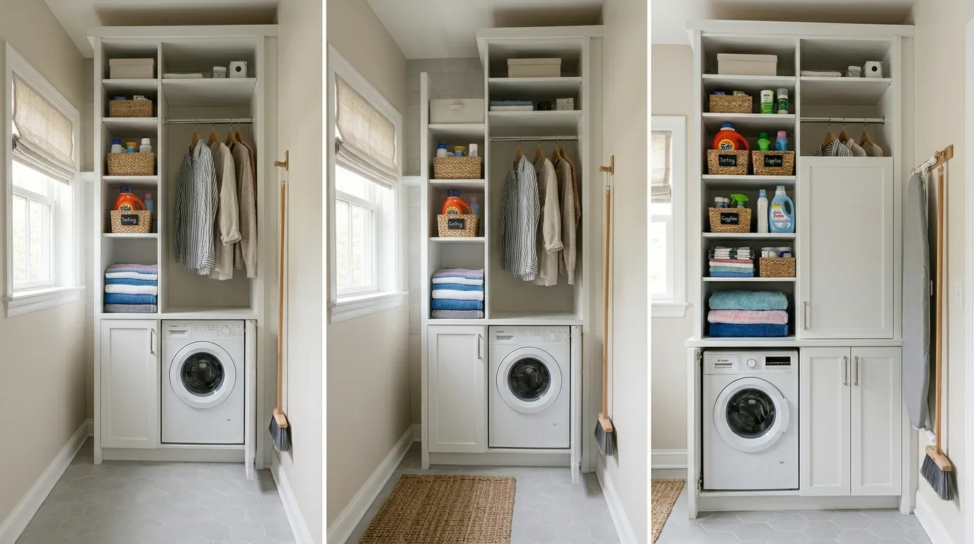 A practical DIY laundry cabinet layout with a hanging rod and drying shelf above the counter, no people