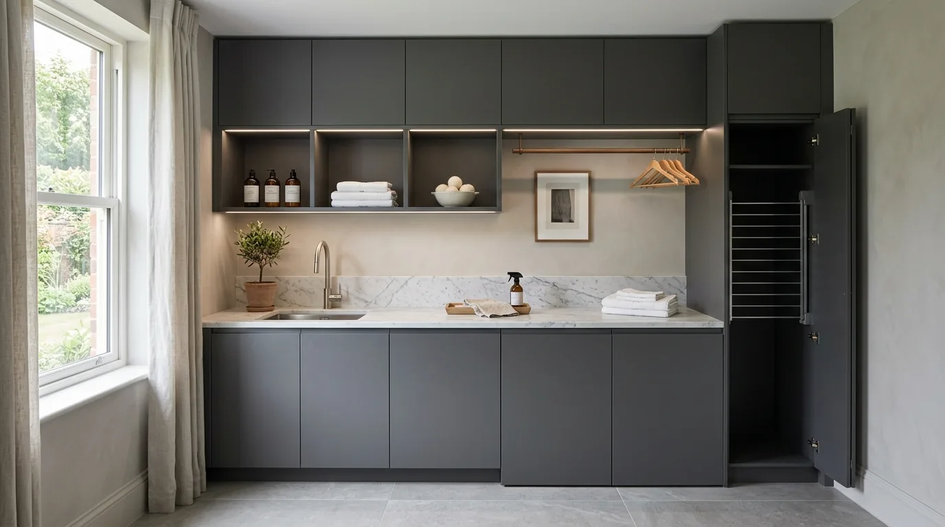 A modern white DIY laundry cabinet setup with black hardware and a bright countertop, no people