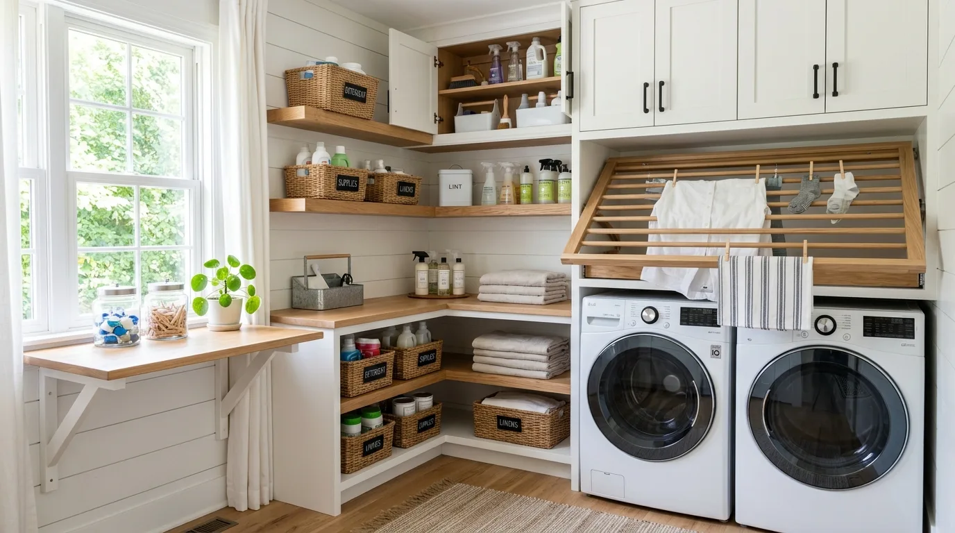 A family DIY laundry cabinet wall with open basket cubbies for organized loads, no people
