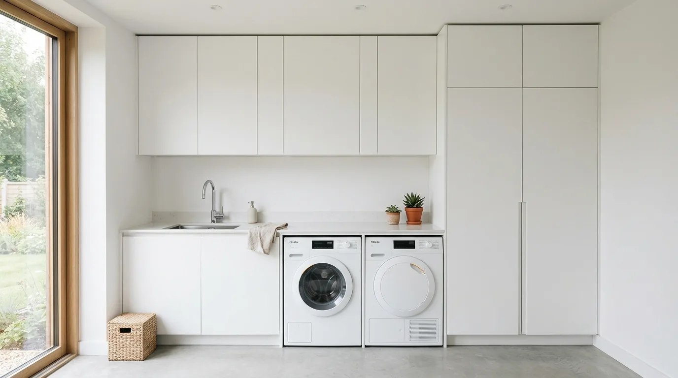 A DIY laundry utility cabinet with a sink base and upper storage for stain treatments and supplies, no people