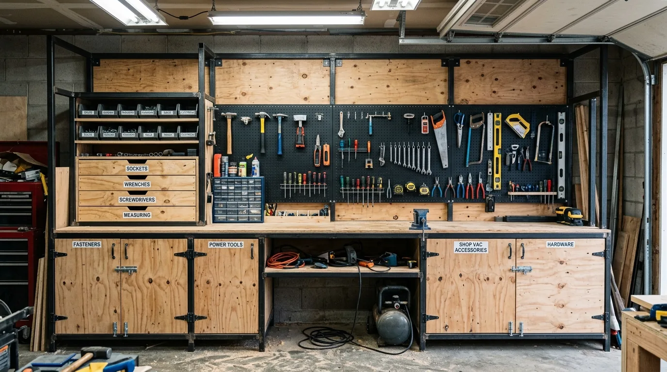 A rugged DIY garage cabinet wall with a central workbench bay and organized tool storage, no people