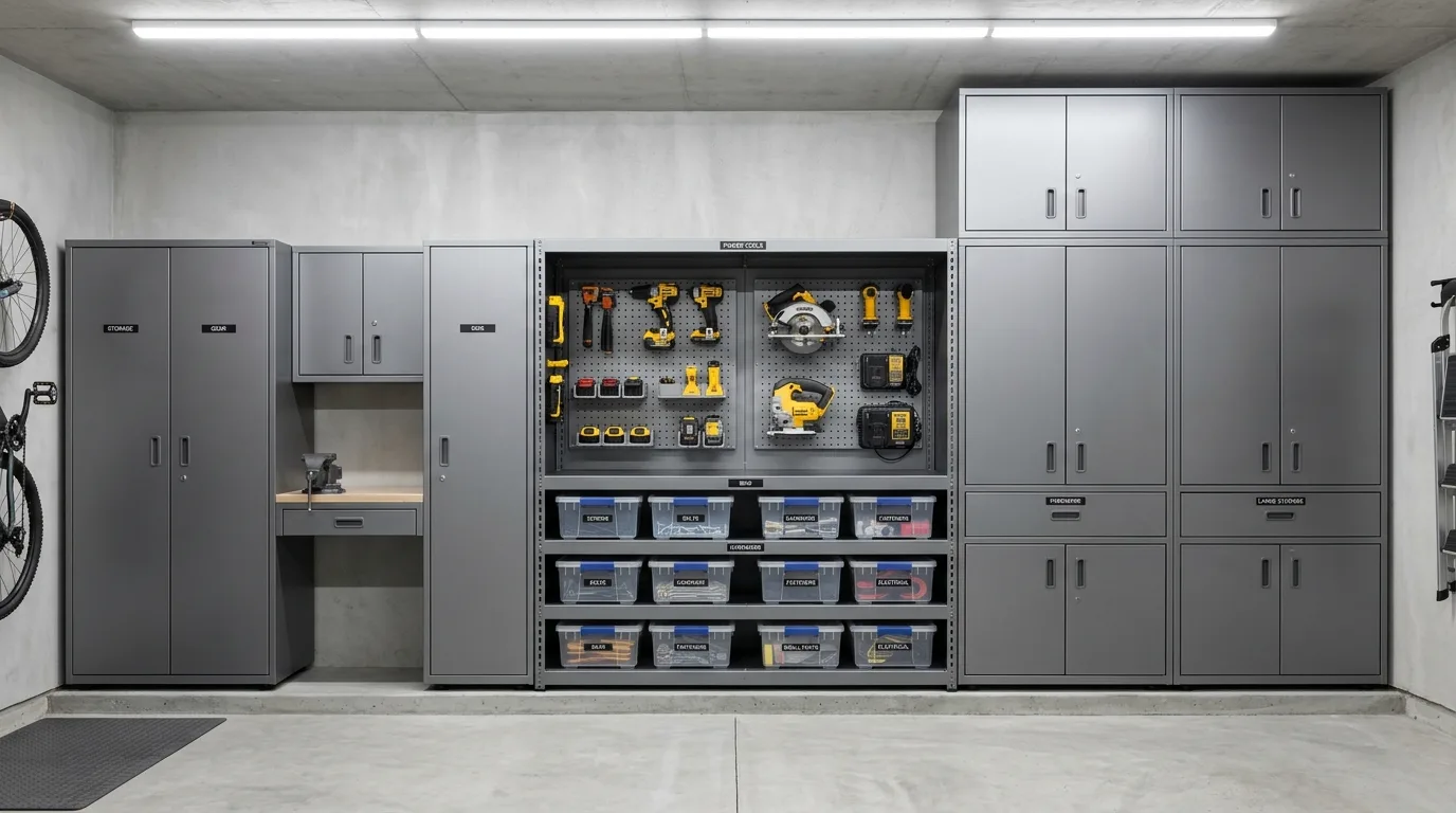 Tall DIY garage utility cabinets storing paint cans ladders and bulky workshop gear, no people