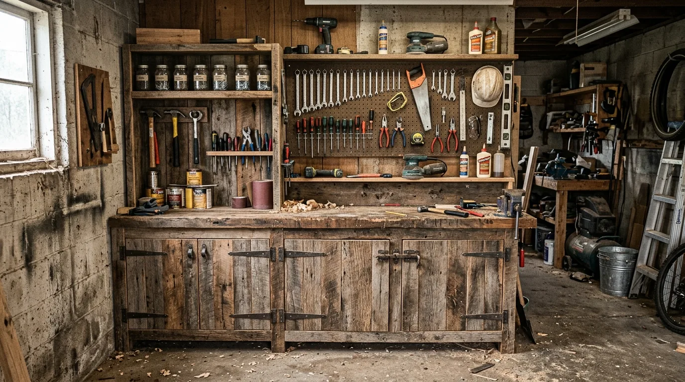 A DIY garage base cabinet setup with a butcher block counter for repair and workshop projects, no people