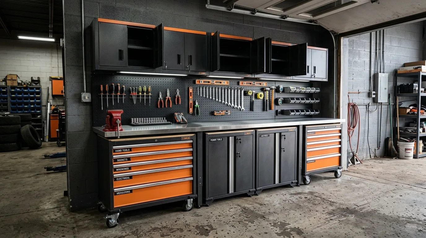 A modern DIY garage cabinet system made from plywood with black fronts in a clean workshop, no people