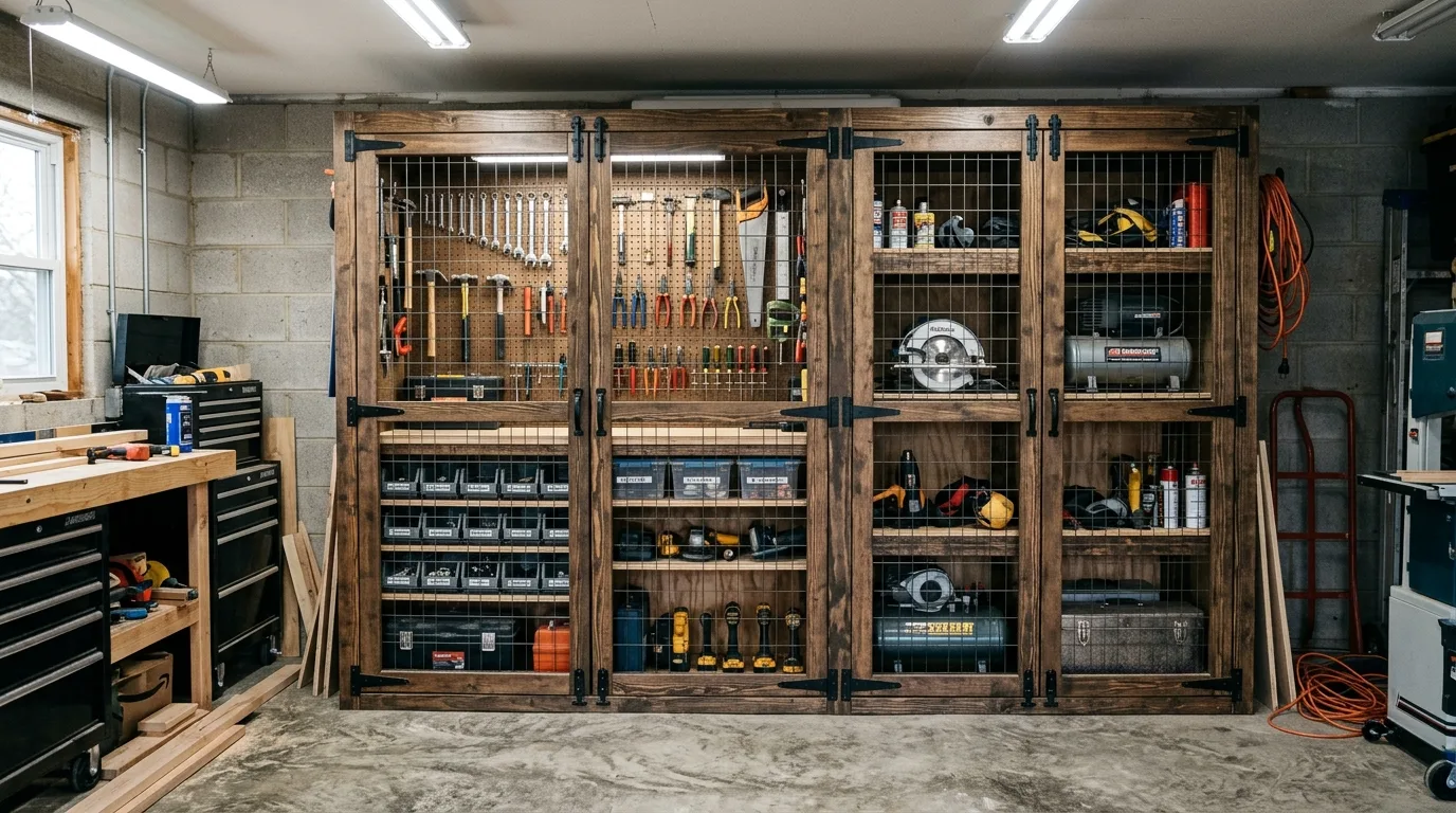 A bank of rolling DIY garage tool cabinets tucked under a long workshop counter, no people