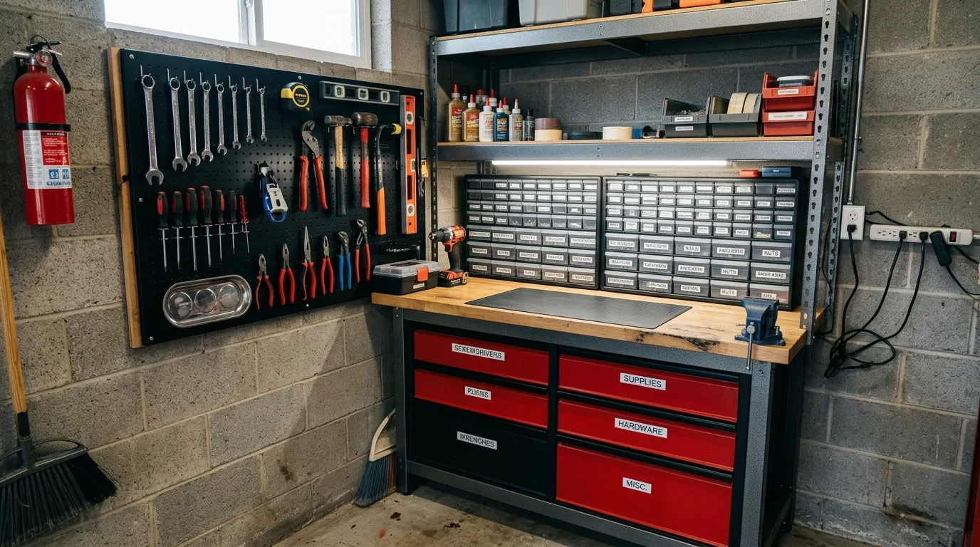 DIY overhead garage cabinets mounted along the sidewall above the parking zone, no people