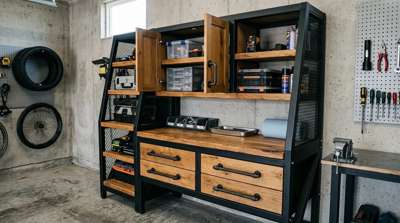 A DIY corner garage cabinet station with a charging shelf for cordless tools and batteries, no people