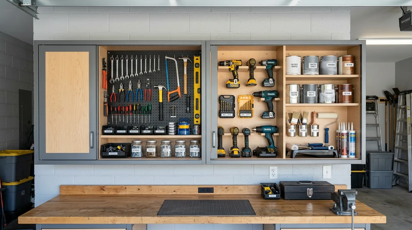 A mixed DIY garage cabinet system with both open shelves and closed doors for workshop organization, no people