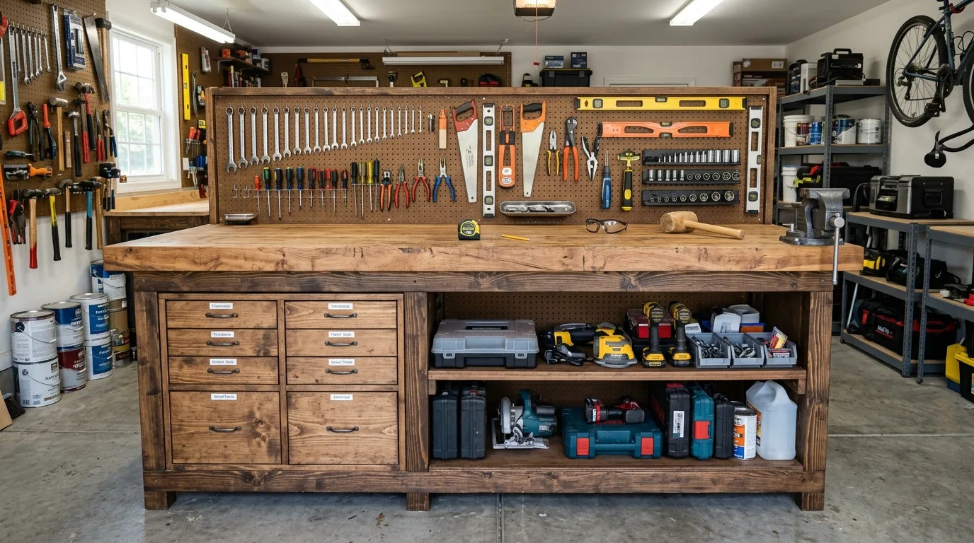 An industrial style DIY garage cabinet setup with metal front doors and a rugged workshop feel, no people