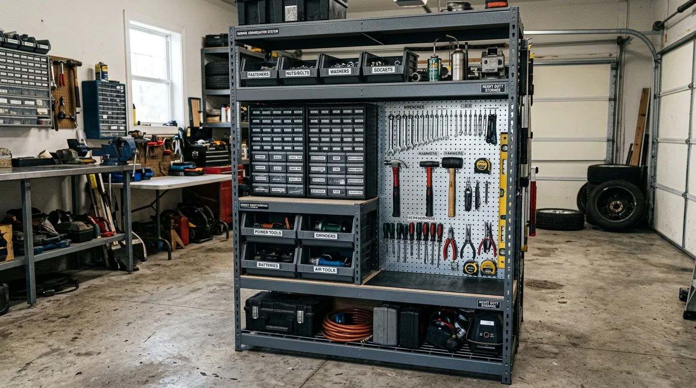 A DIY garage cabinet wall for sports gear with bins hooks and lower drawers, no people
