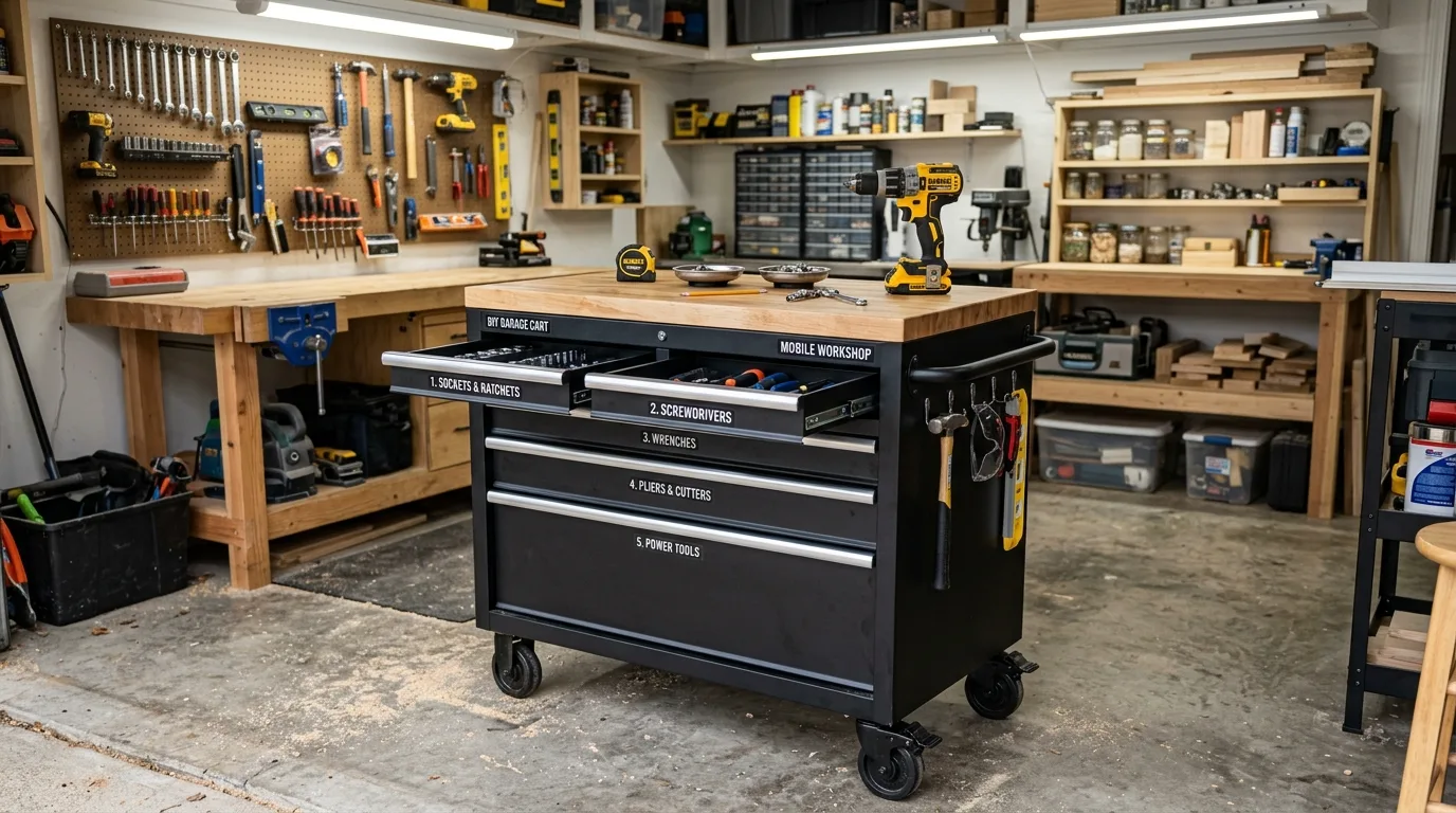 A DIY garage cabinet for garden tools and potting supplies near an exterior door, no people