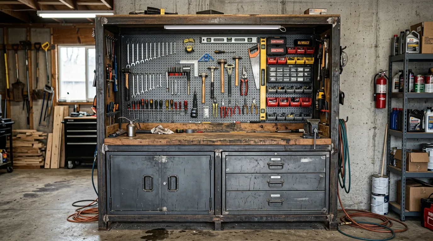 A compact DIY garage cabinet wall organized for a one car workshop setup, no people
