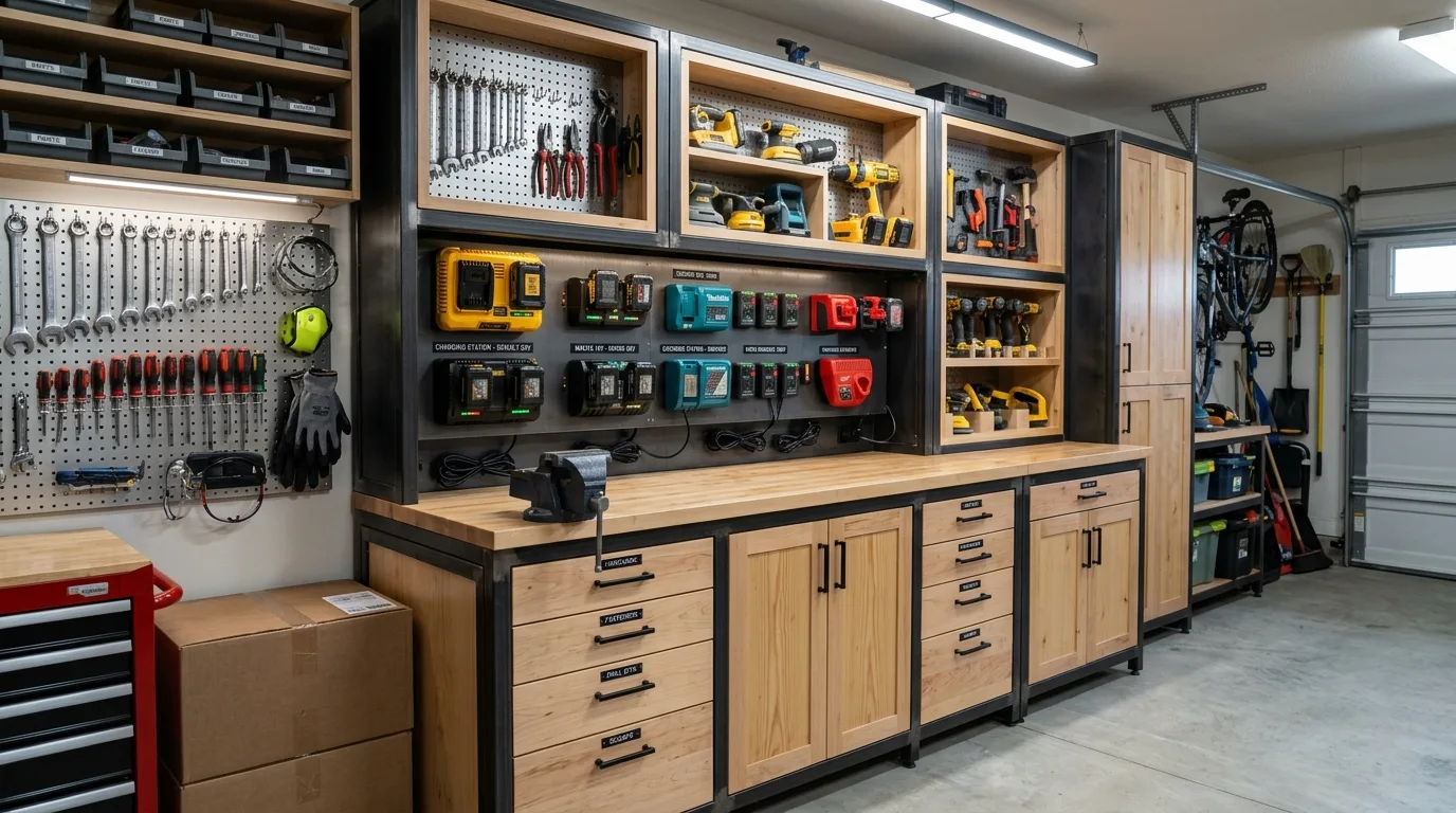 A DIY garage workbench cabinet with pegboard backing and deep lower storage drawers, no people