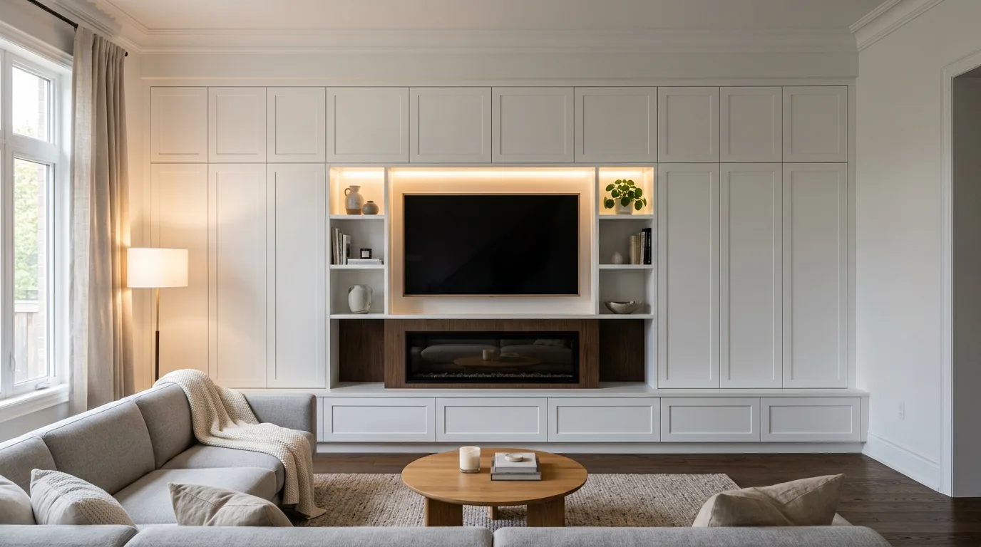 Custom DIY built in cabinets flanking a fireplace in a polished living room, no people