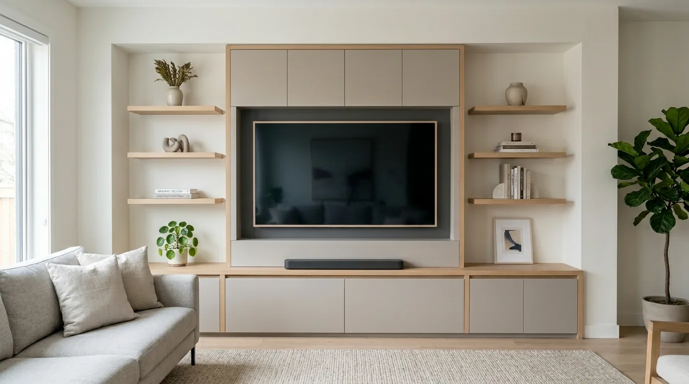 A custom DIY built in dining room buffet with glass upper cabinets and lower storage, no people