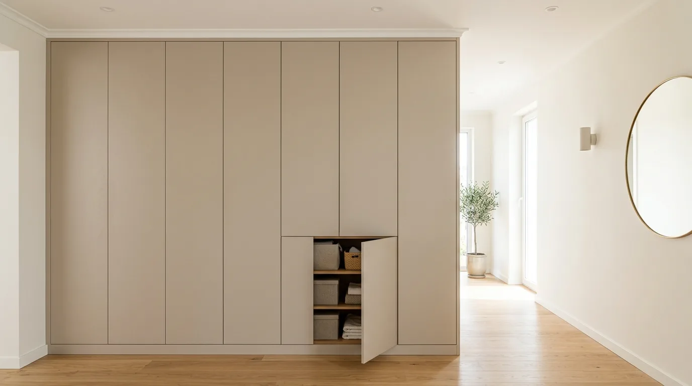 A DIY built in office cabinet wall wrapping a central desk niche with custom storage, no people