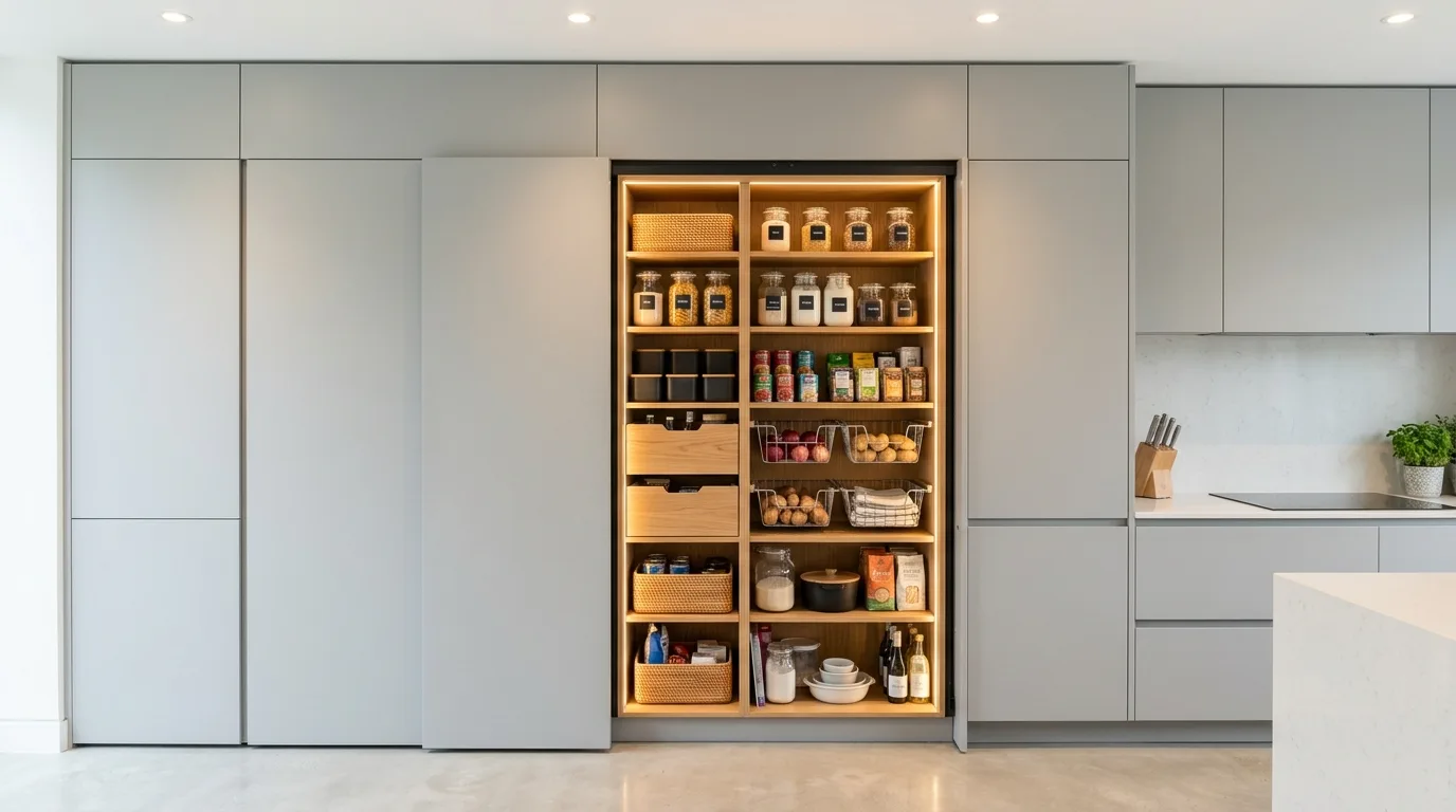A DIY built in bedroom wardrobe wall surrounding the bed with seamless cabinetry, no people