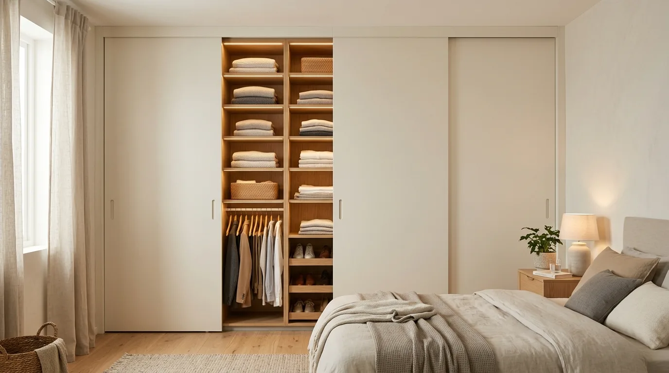 A custom DIY built in cabinet installation inside a hallway alcove for linen and overflow storage, no people