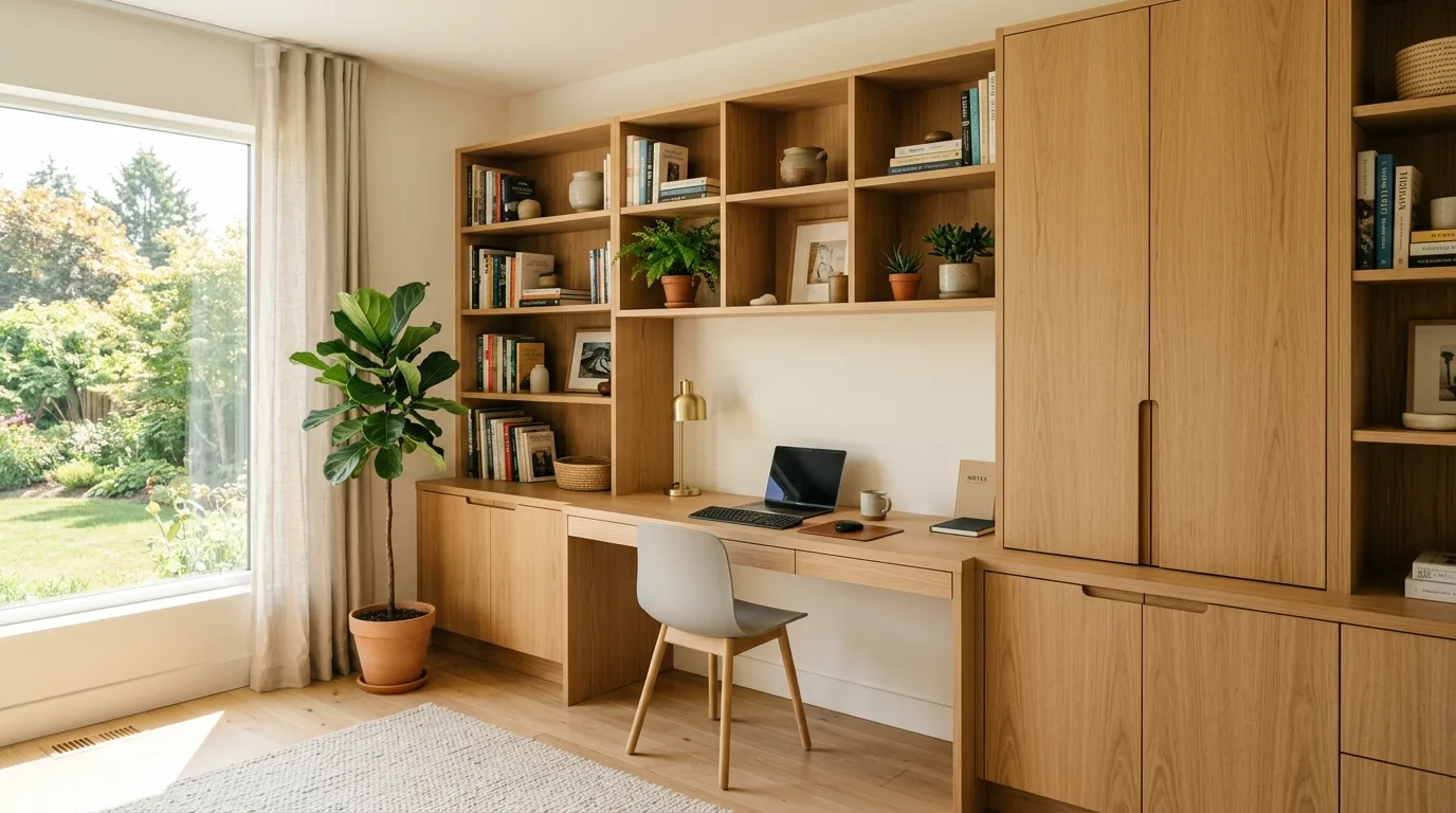A DIY mudroom built in cabinet wall with bench seating and tall locker style storage, no people