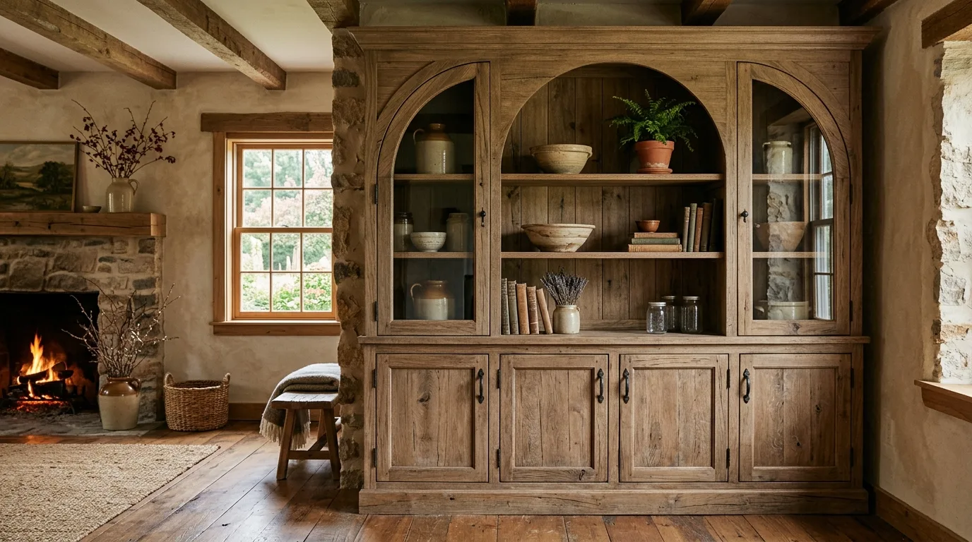 A grand DIY built in library cabinet wall with tall shelving and ladder ready styling, no people