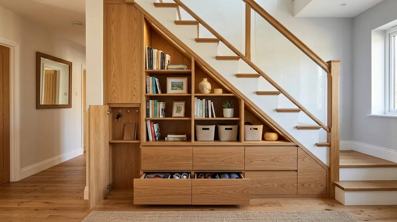A DIY built in media wall with hidden cord storage and deep lower drawers, no people