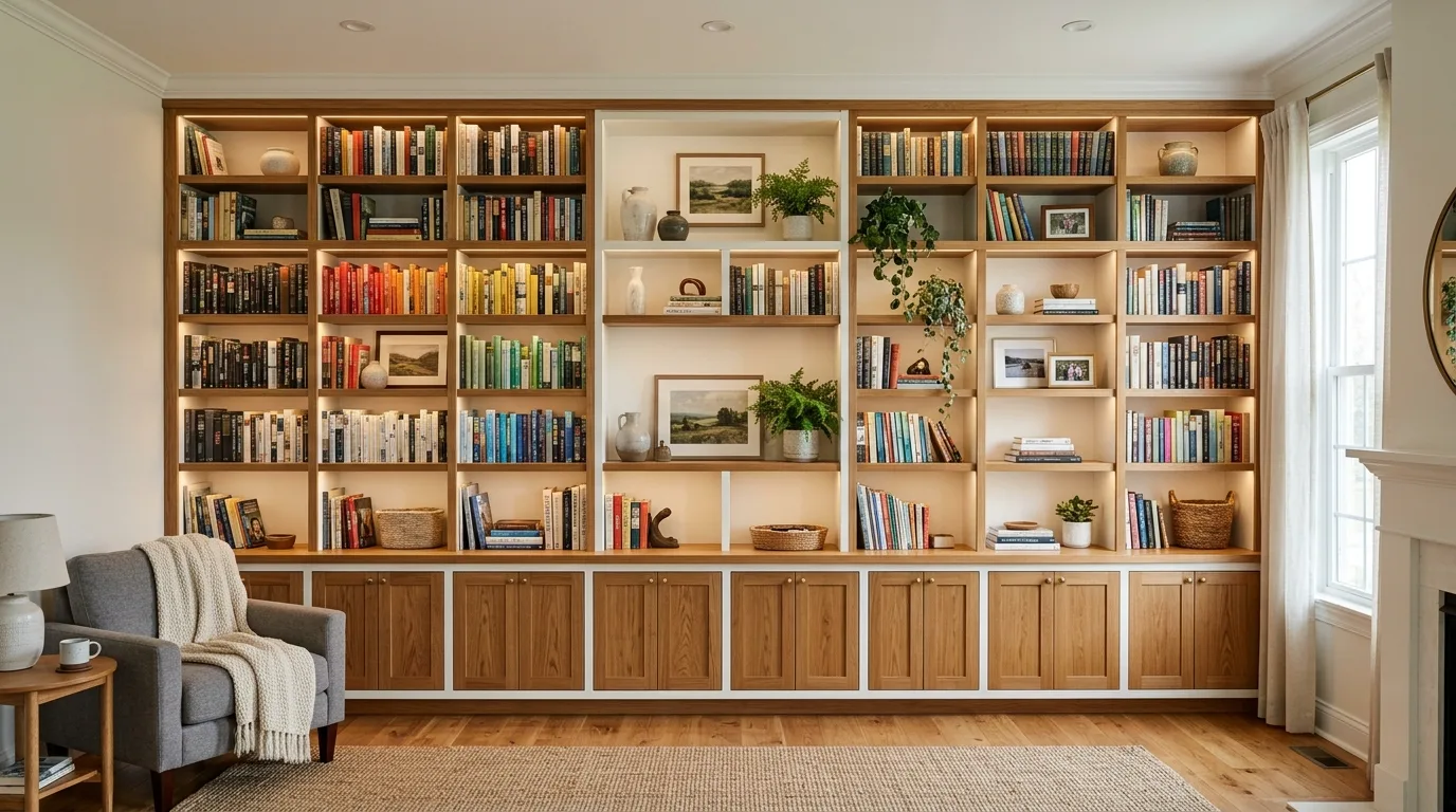 A DIY children's room built in cabinet wall with toy drawers and reading shelves, no people