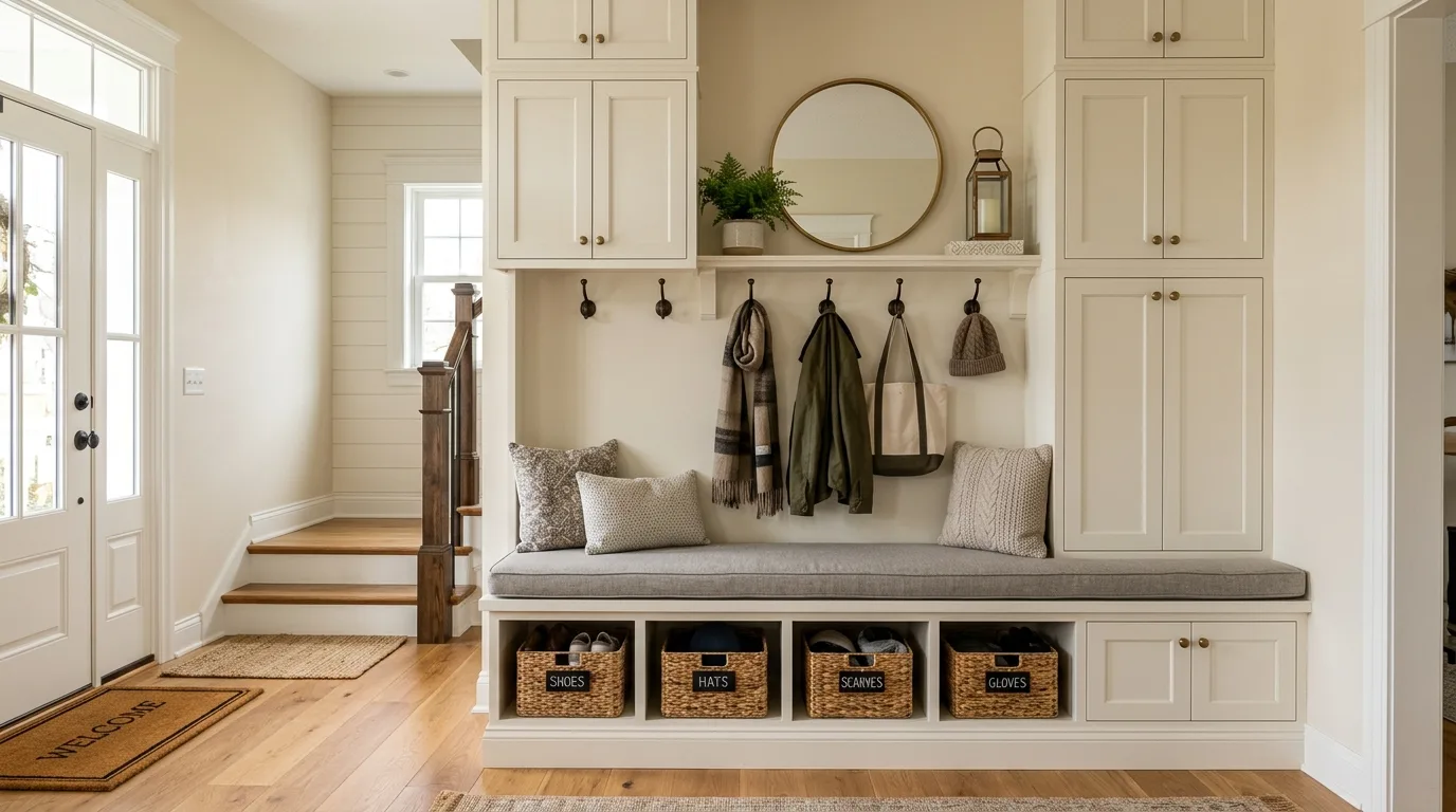 Minimal DIY built in cabinets painted to blend seamlessly into the surrounding wall, no people