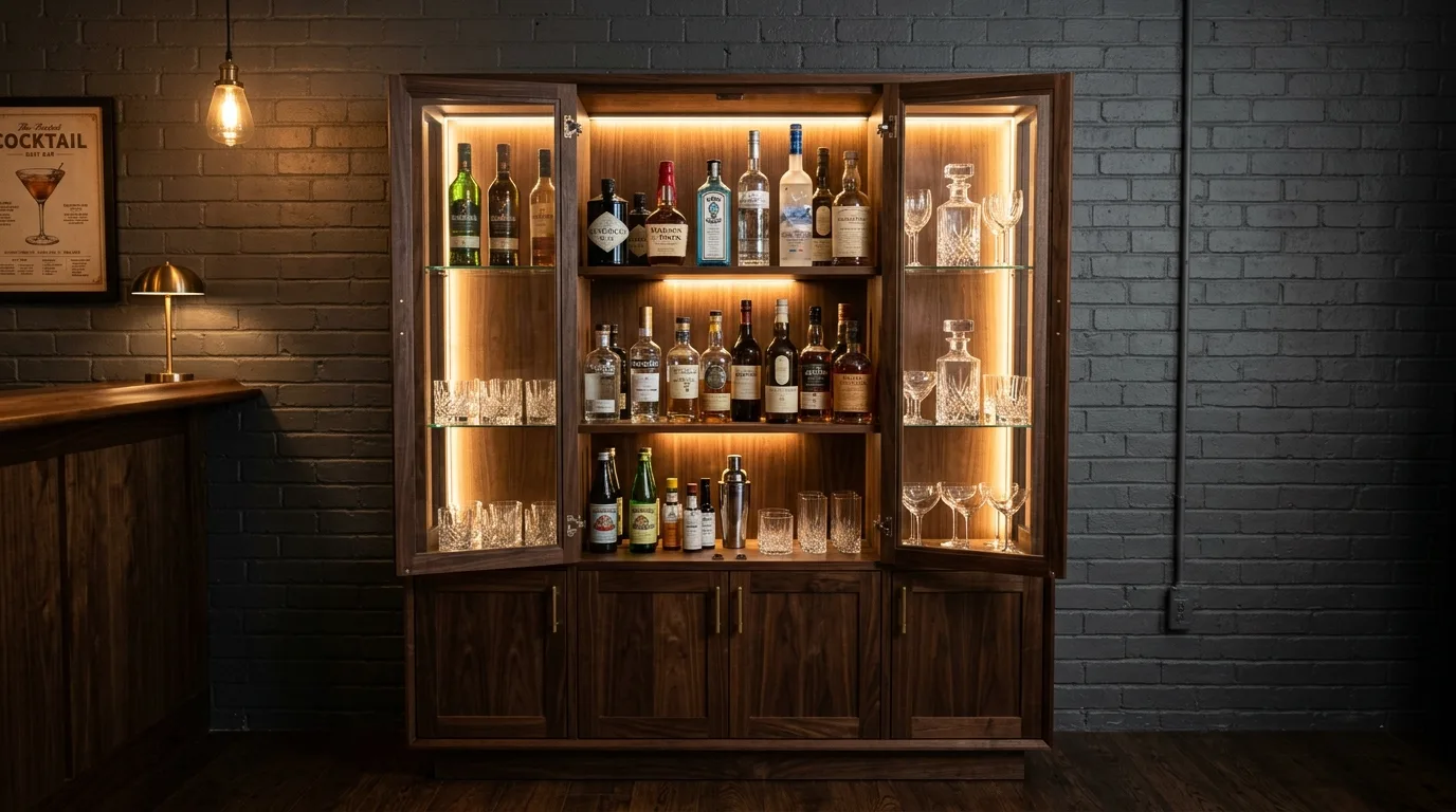 A stylish DIY liquor cabinet with dark finishes and ribbed glass upper doors in a home bar, no people