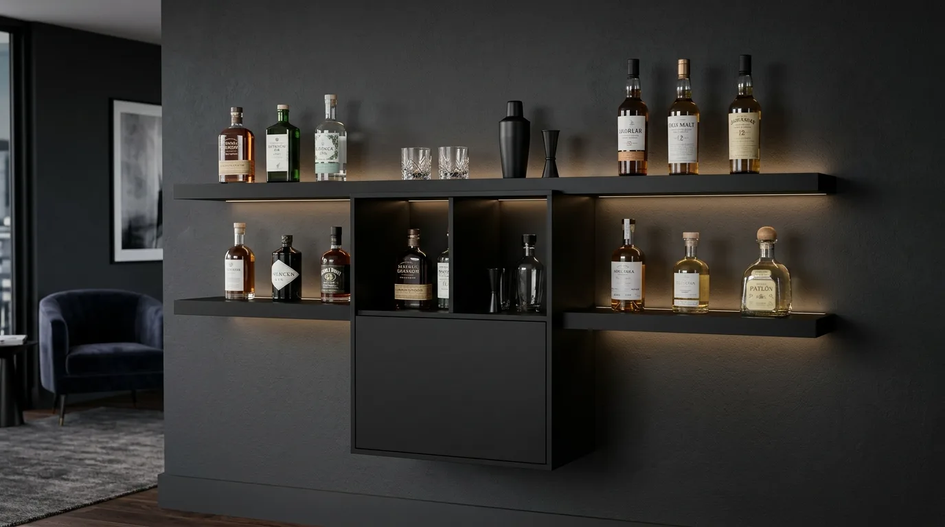 A mid century inspired DIY liquor cabinet with rounded corners and bottle cubbies, no people