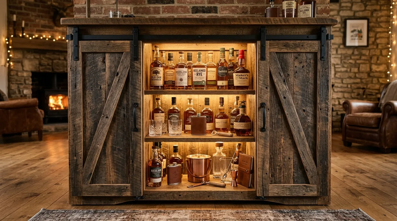A custom DIY built in liquor cabinet with a fold down mixing shelf for entertaining, no people