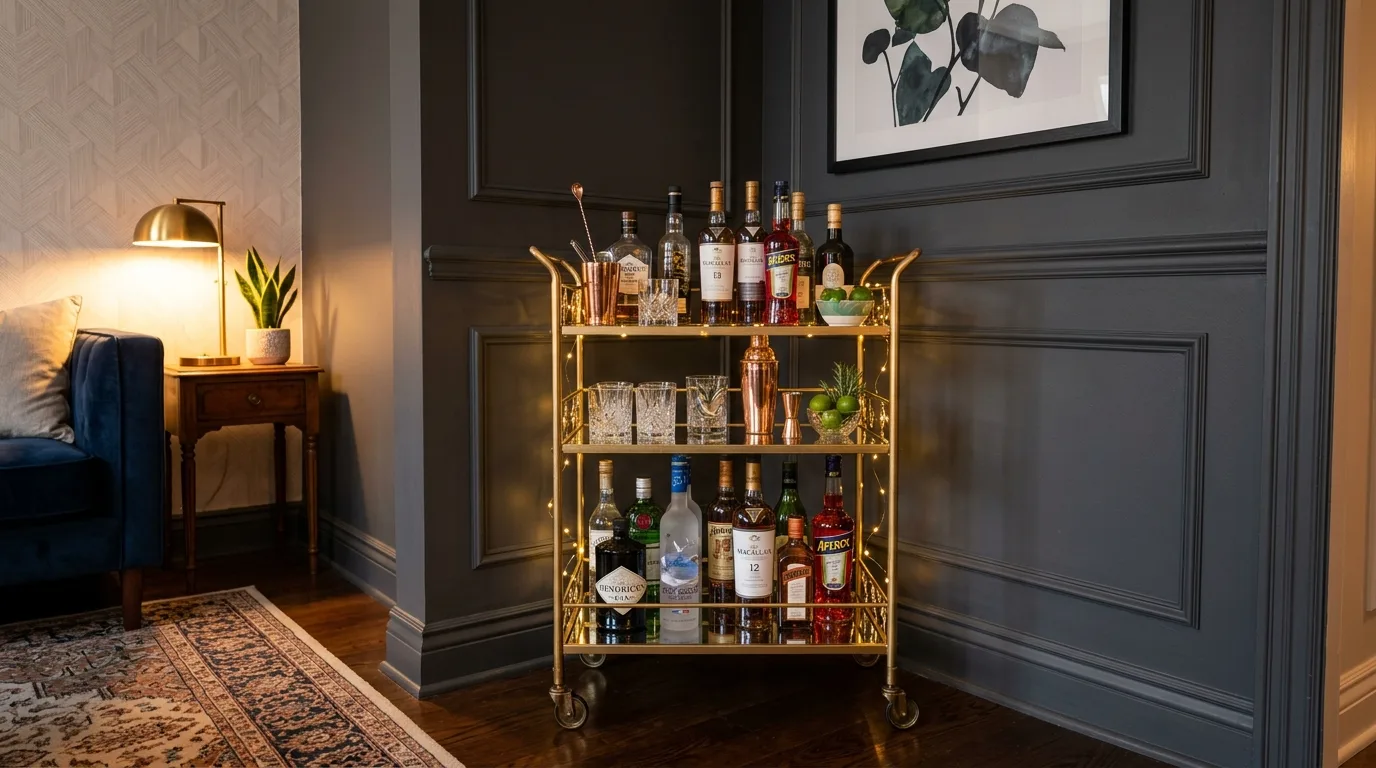 A corner DIY liquor cabinet with a mirrored back and warm interior lighting, no people