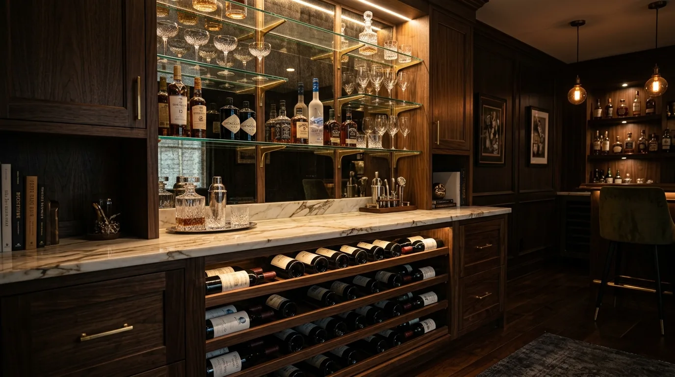 A modern black DIY liquor cabinet with lower wine rack drawers in a sleek home bar, no people