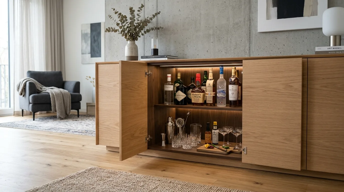 A rustic DIY liquor cabinet made with reclaimed wood doors and brass pulls, no people