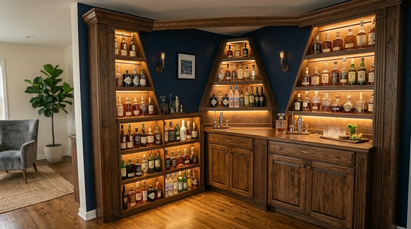 A dining room sideboard style DIY liquor cabinet with hidden bottle and glass storage, no people