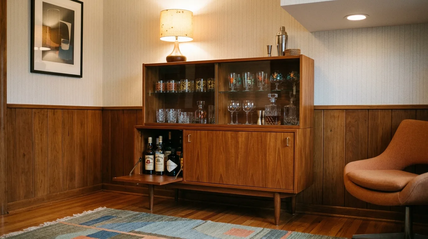 A tall narrow DIY liquor cabinet designed for a compact apartment home bar, no people