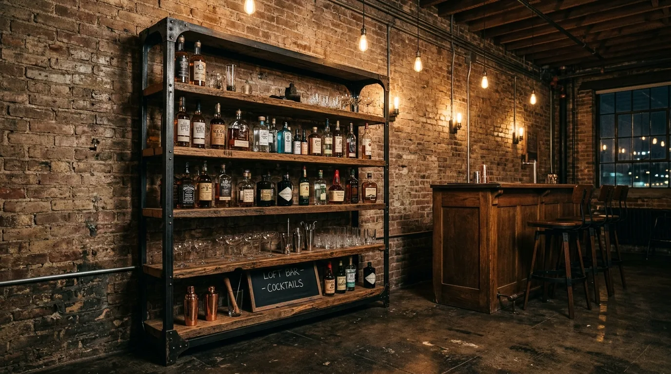 A stylish DIY liquor cabinet with a stemware rack and marble look countertop, no people