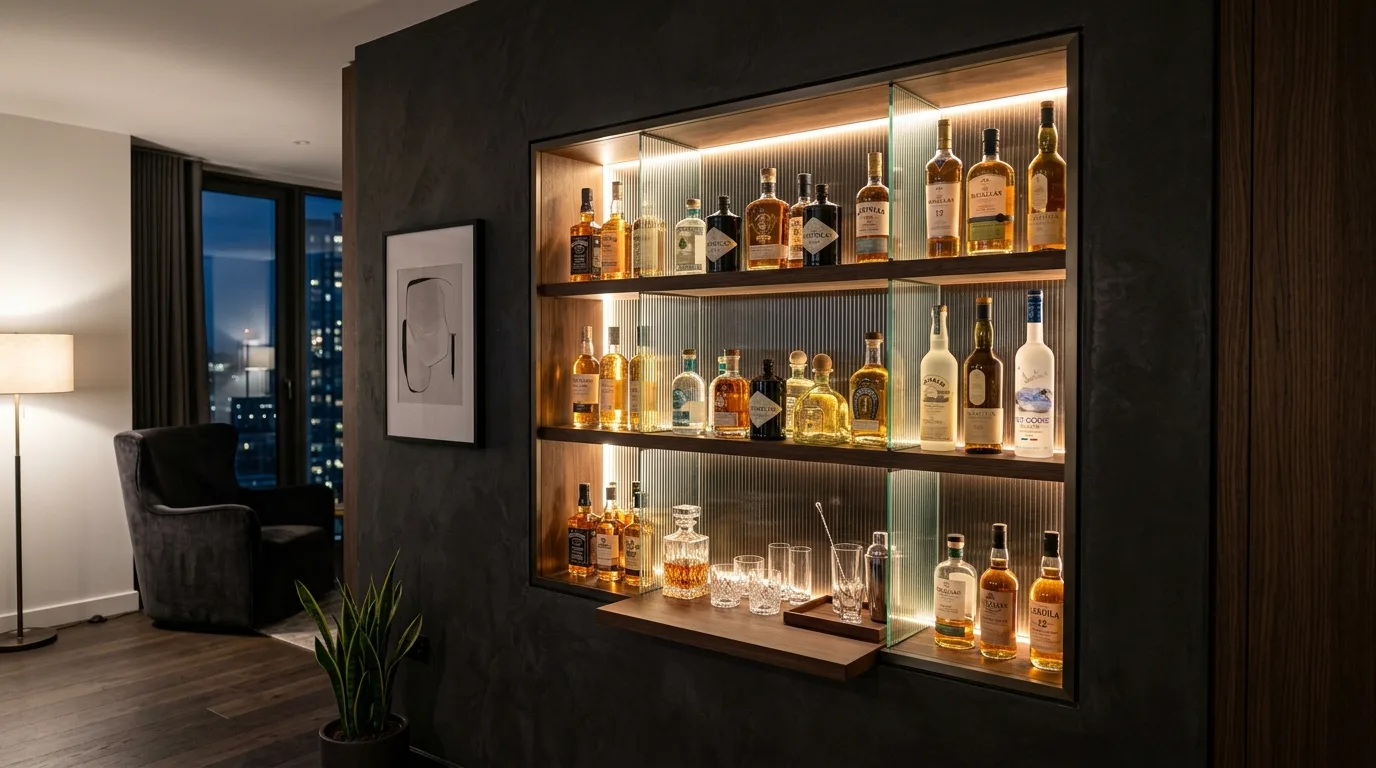 An arched DIY liquor cabinet with a painted interior for bottle display and bar styling, no people