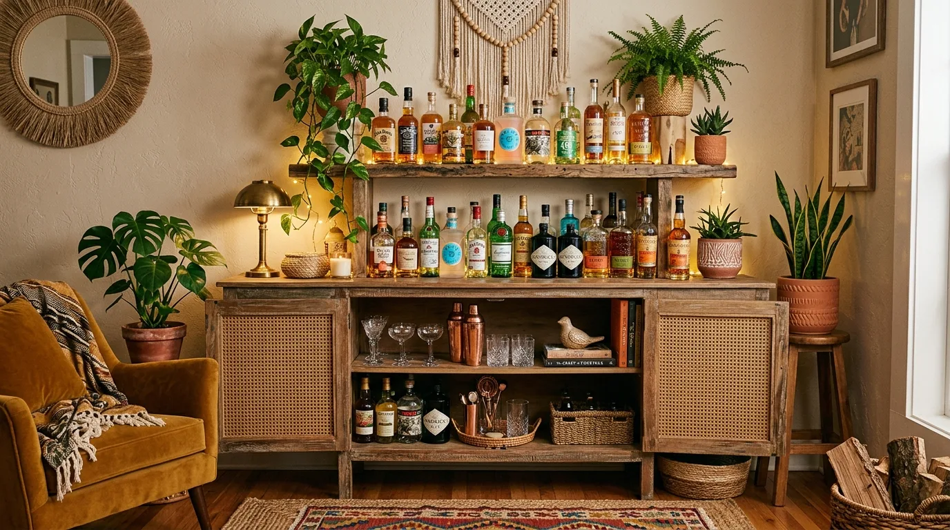A practical DIY liquor cabinet positioned near patio doors for easy entertaining access, no people