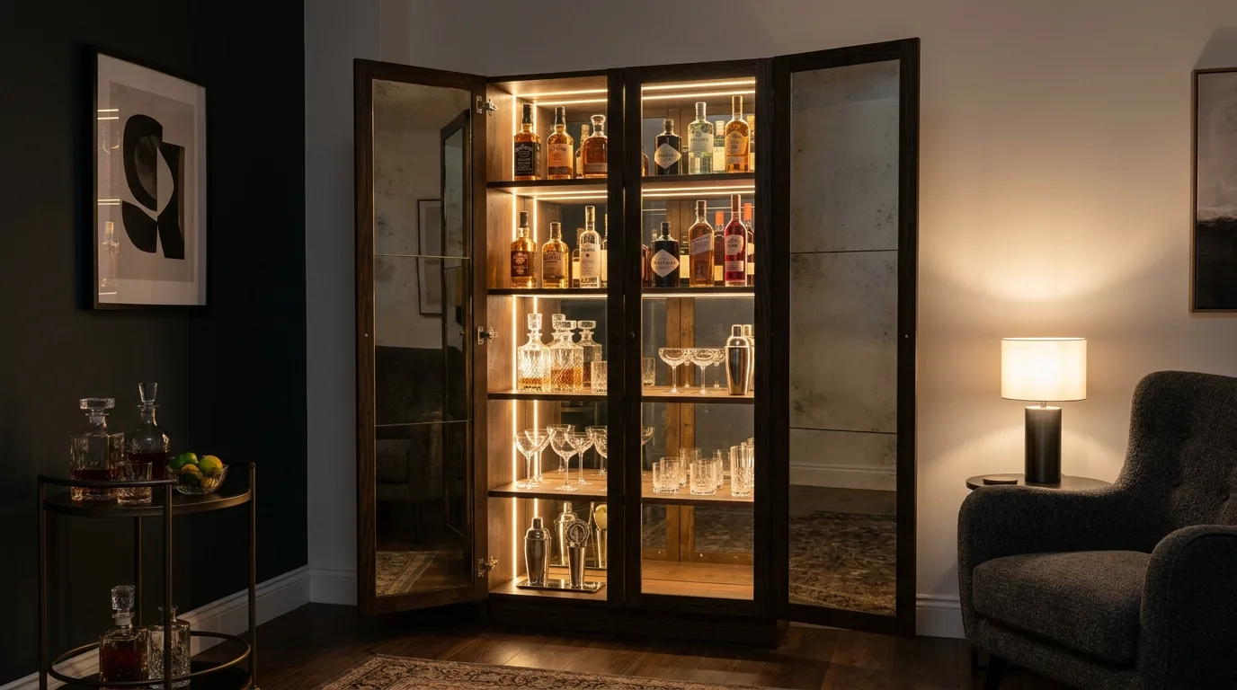 A minimal oak DIY liquor cabinet with concealed bottle storage and a clean modern finish, no people