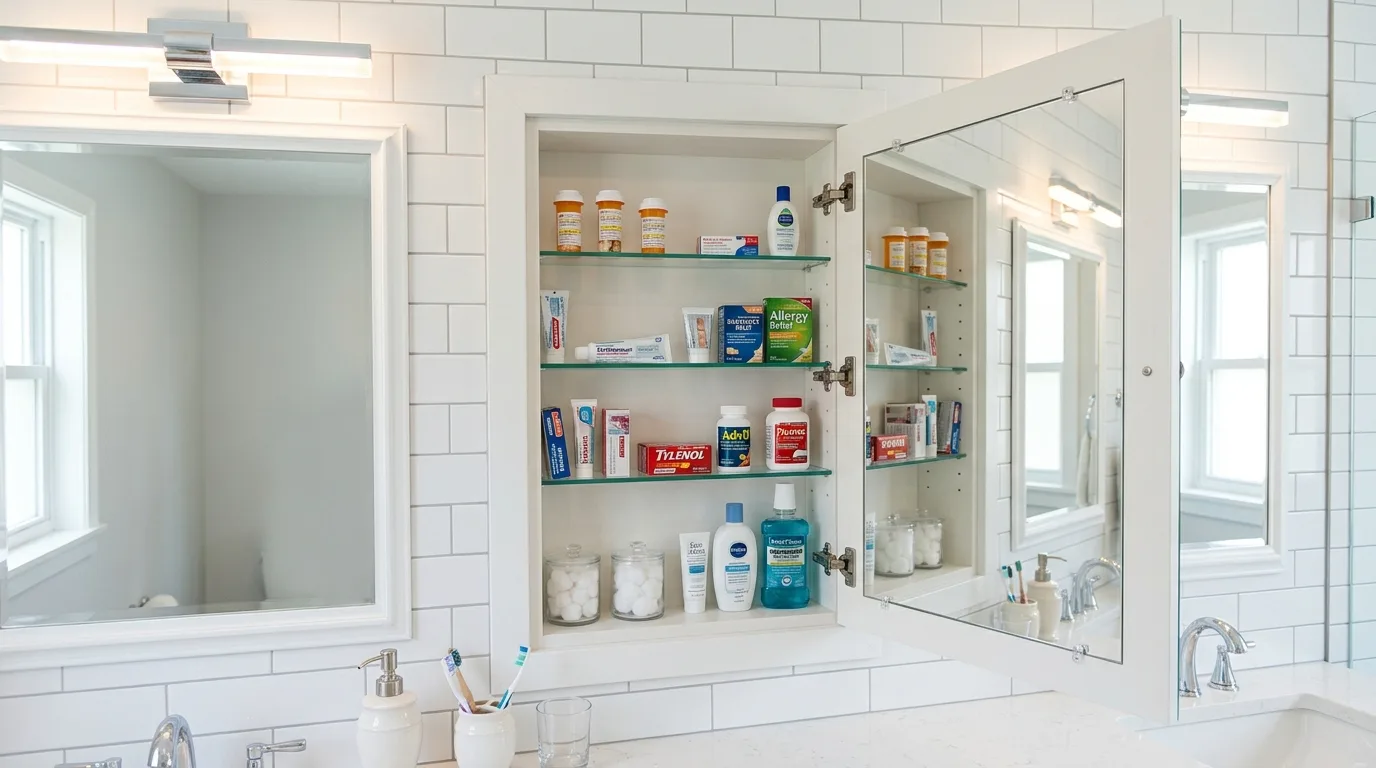 A recessed DIY medicine cabinet hidden behind a framed bathroom mirror with organized shelves, no people