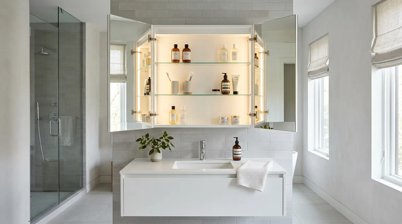 A tall DIY medicine cabinet beside a bathroom vanity with deep organized storage, no people