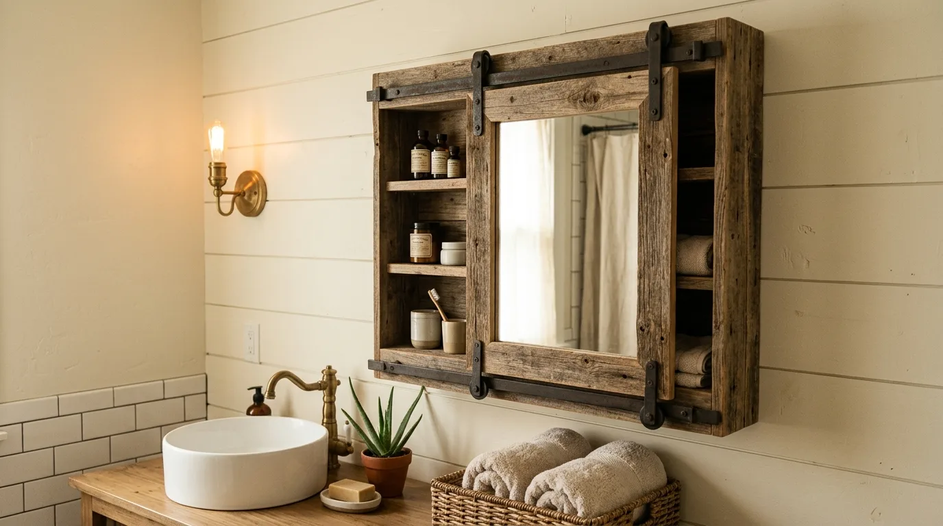 A minimal mirrored DIY medicine cabinet with slim oak trim in a modern bathroom, no people