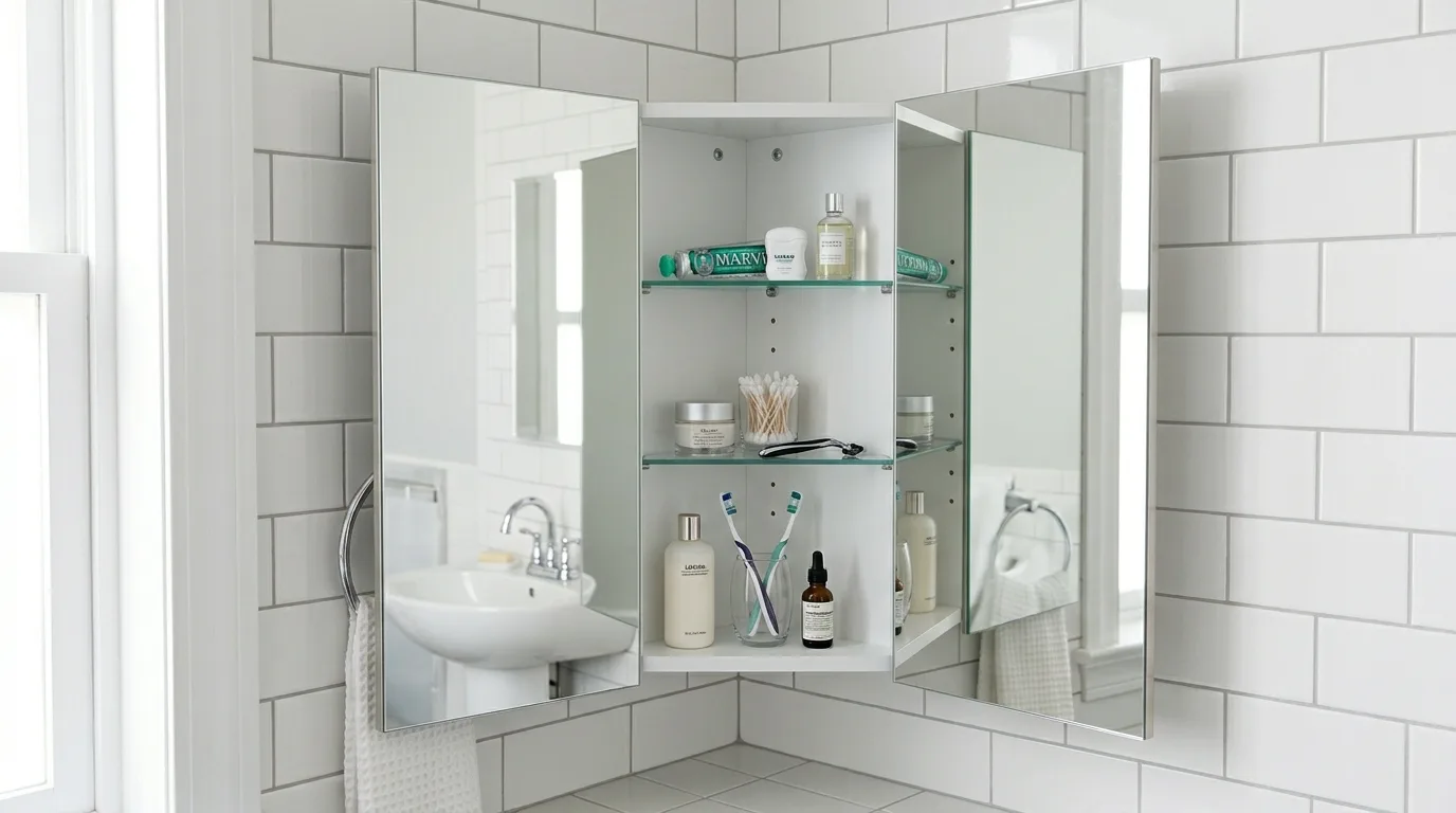 A double door DIY family medicine cabinet with labeled interior storage sections, no people