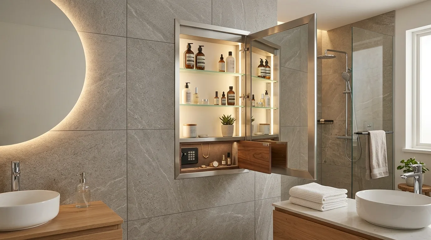 A vintage style DIY medicine cabinet with beadboard side panels in a charming bathroom, no people