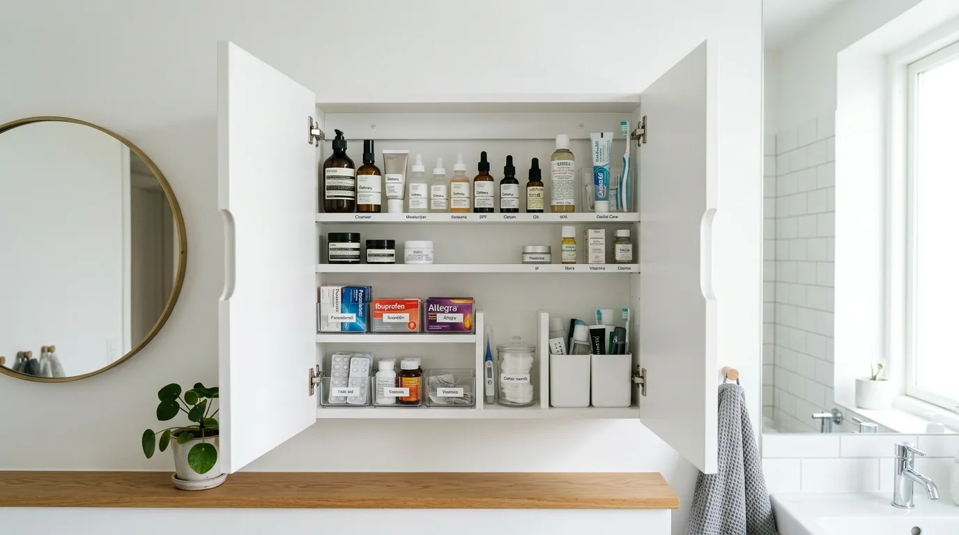 A DIY medicine cabinet installed above a toilet with extra shelf space in a tidy bathroom, no people