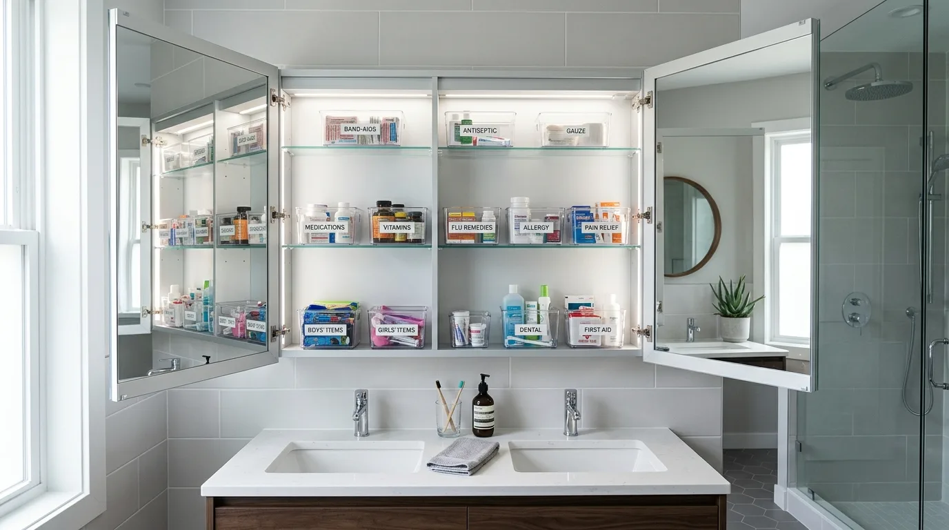 A narrow DIY medicine cabinet in a powder room with concealed bathroom essentials, no people