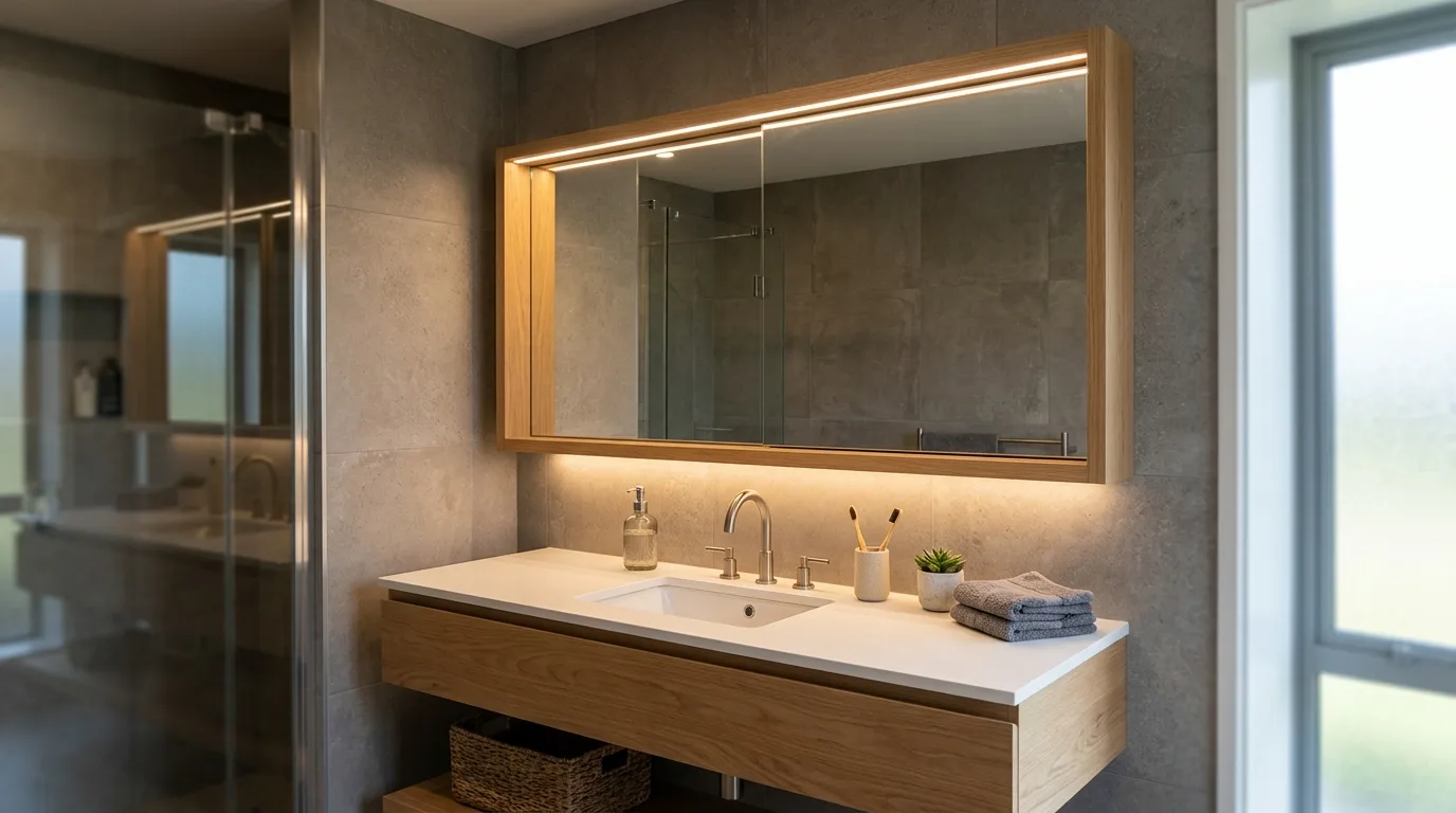 A DIY medicine cabinet with interior outlets for toothbrushes and grooming tools, no people
