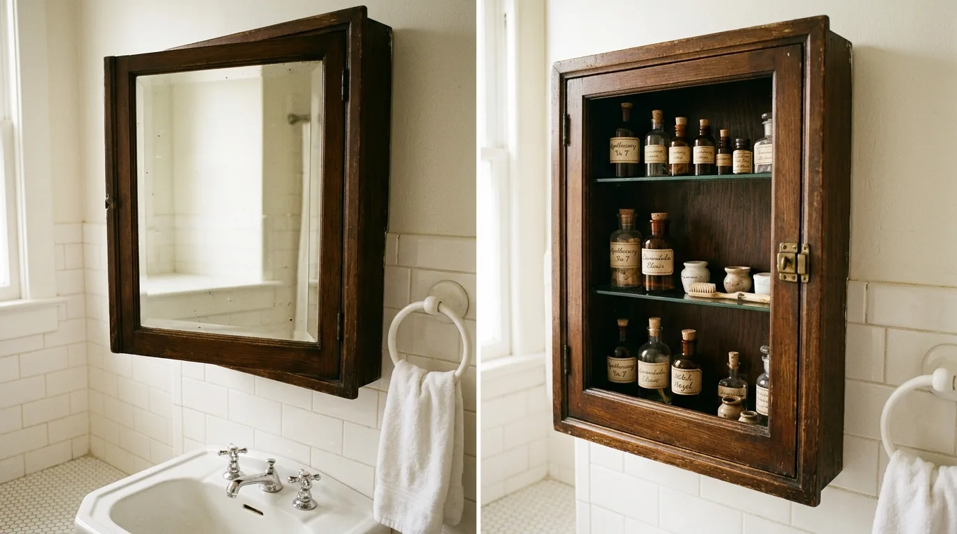 A contemporary DIY medicine cabinet with a black framed mirror and hidden storage, no people