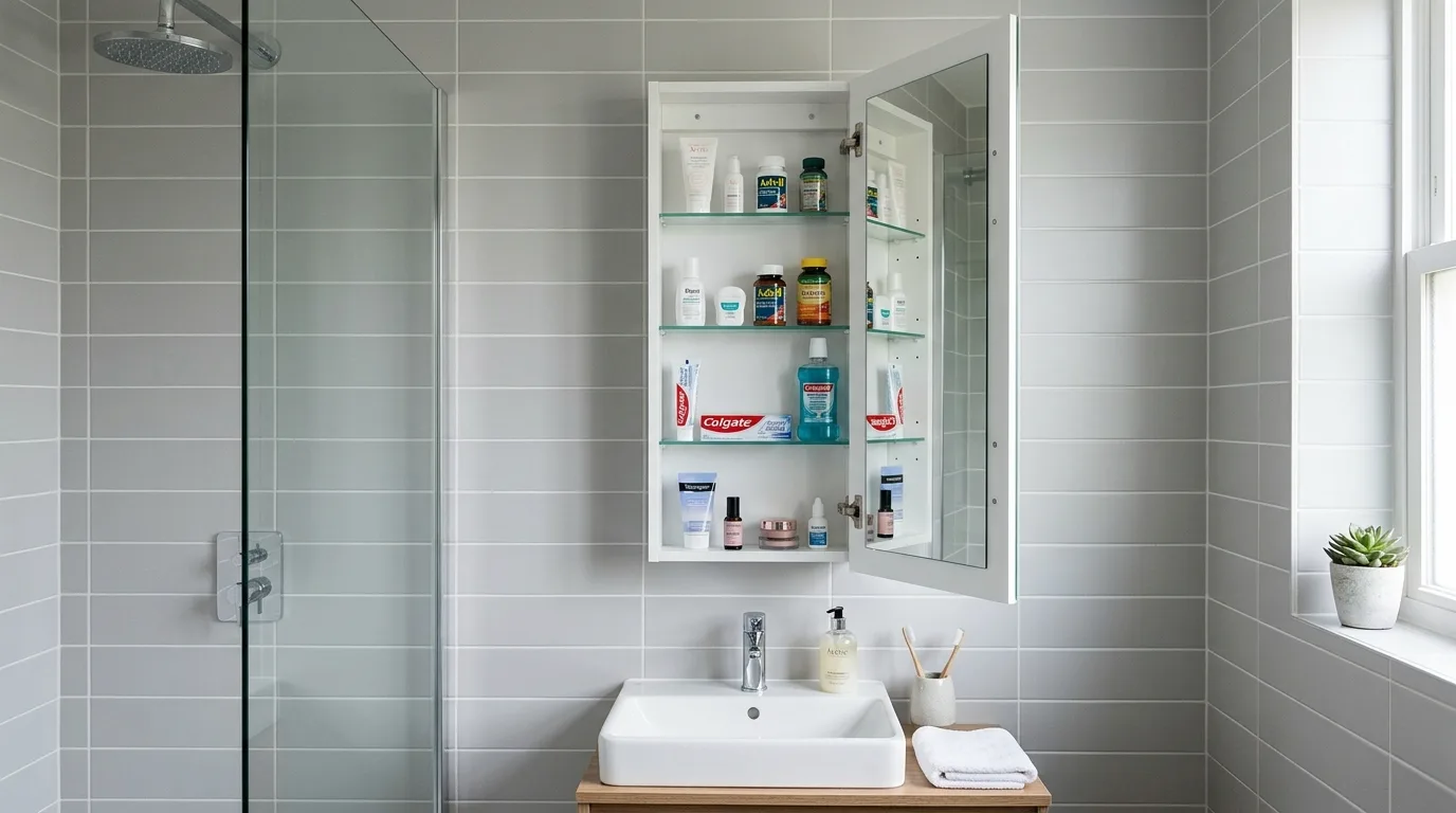 A wood inset DIY medicine cabinet with adjustable shelves for bathroom toiletries, no people